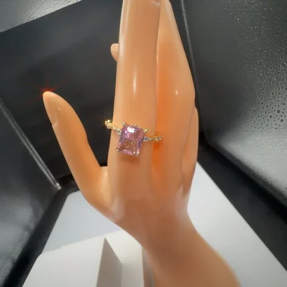 Princess Cut Pink CZ Ring Gold Plated Brass Size 7 - Picture 15 of 17